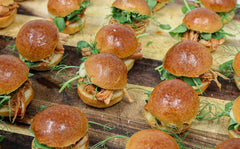 Mini Brioche Buns with Pulled Beef Brisket, Pea Shoots, Lemon & Coriander Mayo