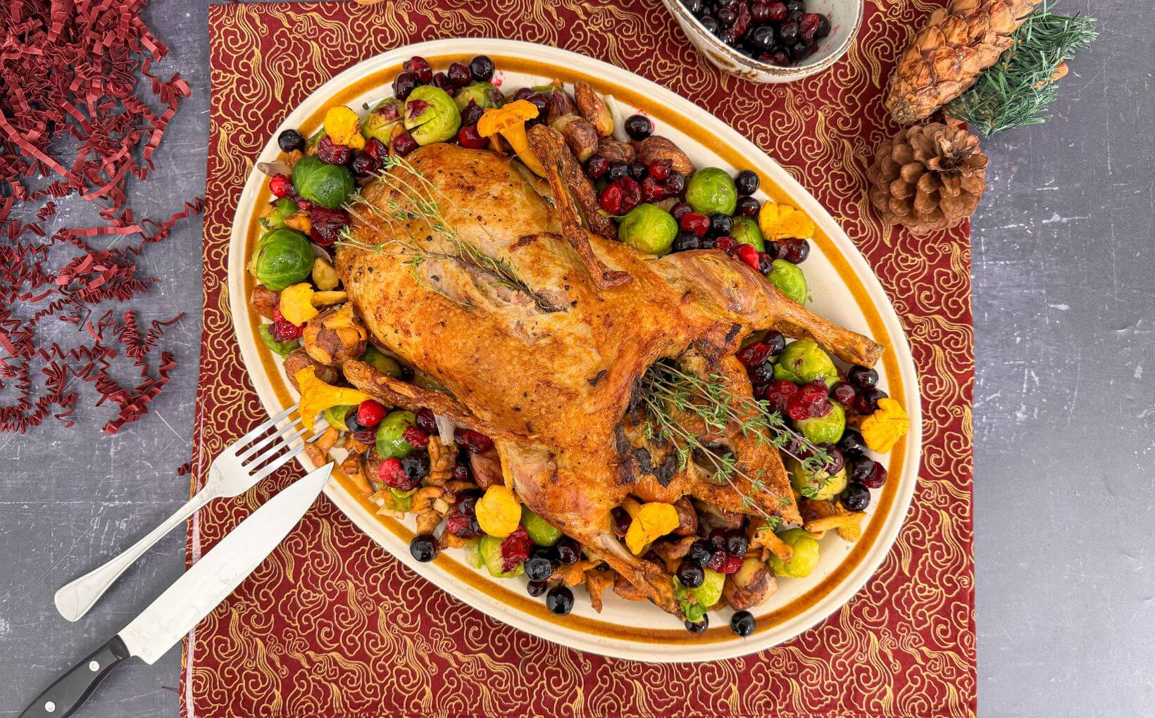 Roasted Duck with Berries and Girolles
