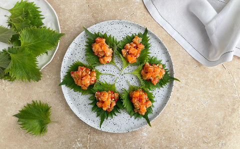 Salmon Tartare with Finger Lime and Shiso Leaves