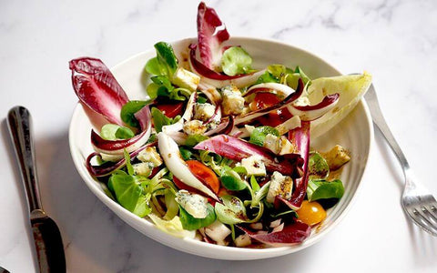 Spring leaf tardivo, chicory and Stilton salad with tomatoes and balsamic dressing