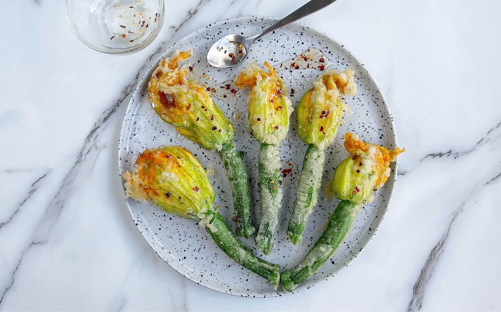 Stuffed Courgette Flowers with Chilli Honey