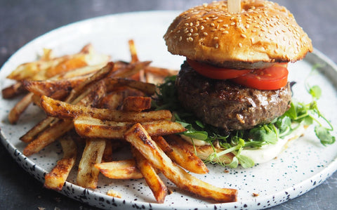 Juicy Venison Burger with mustard mayonnaise and handcut fries