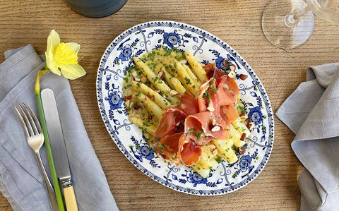 White Asparagus with Serrano Ham and a Hazelnut Dressing