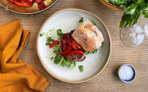 Iberico Pork Burgers with Smoky Red Pepper Relish