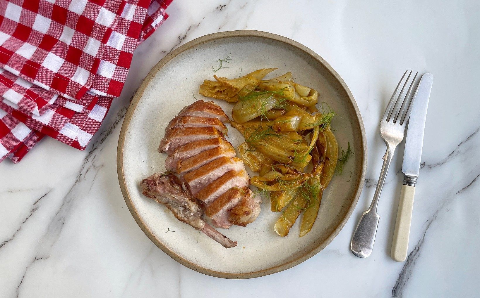 Iberico Pork Chops with Sherry and Orange Caramelised Fennel