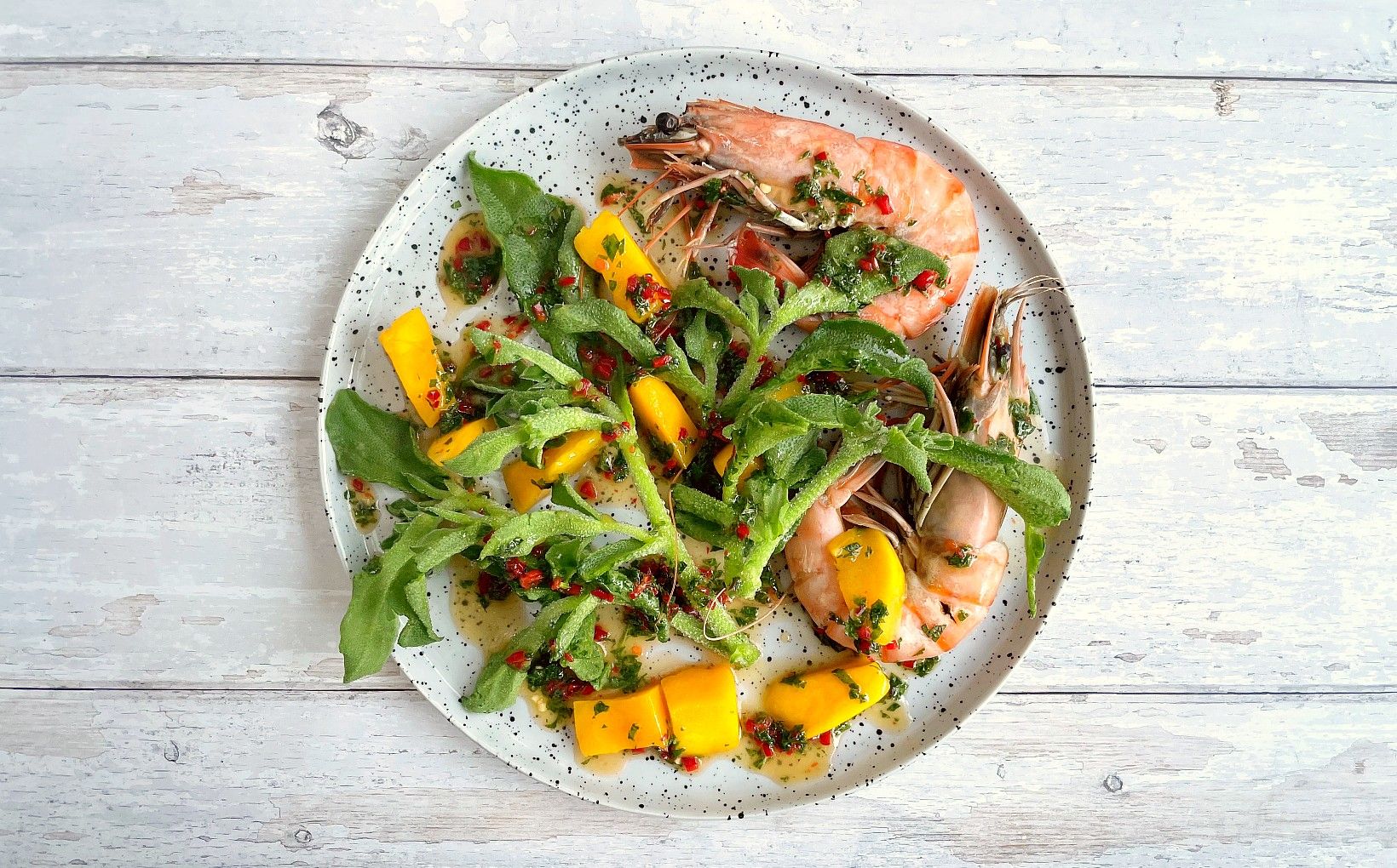 Ice Lettuce, Tiger Prawn and Mango Salad with Chilli