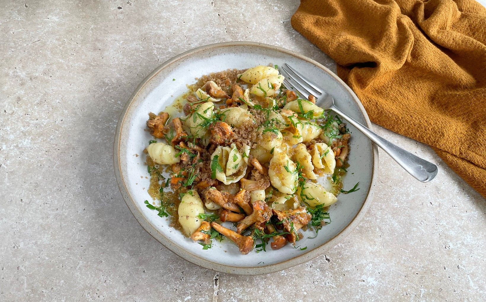 Pasta with Girolles, Anchovy, & Crispy Breadcrumbs