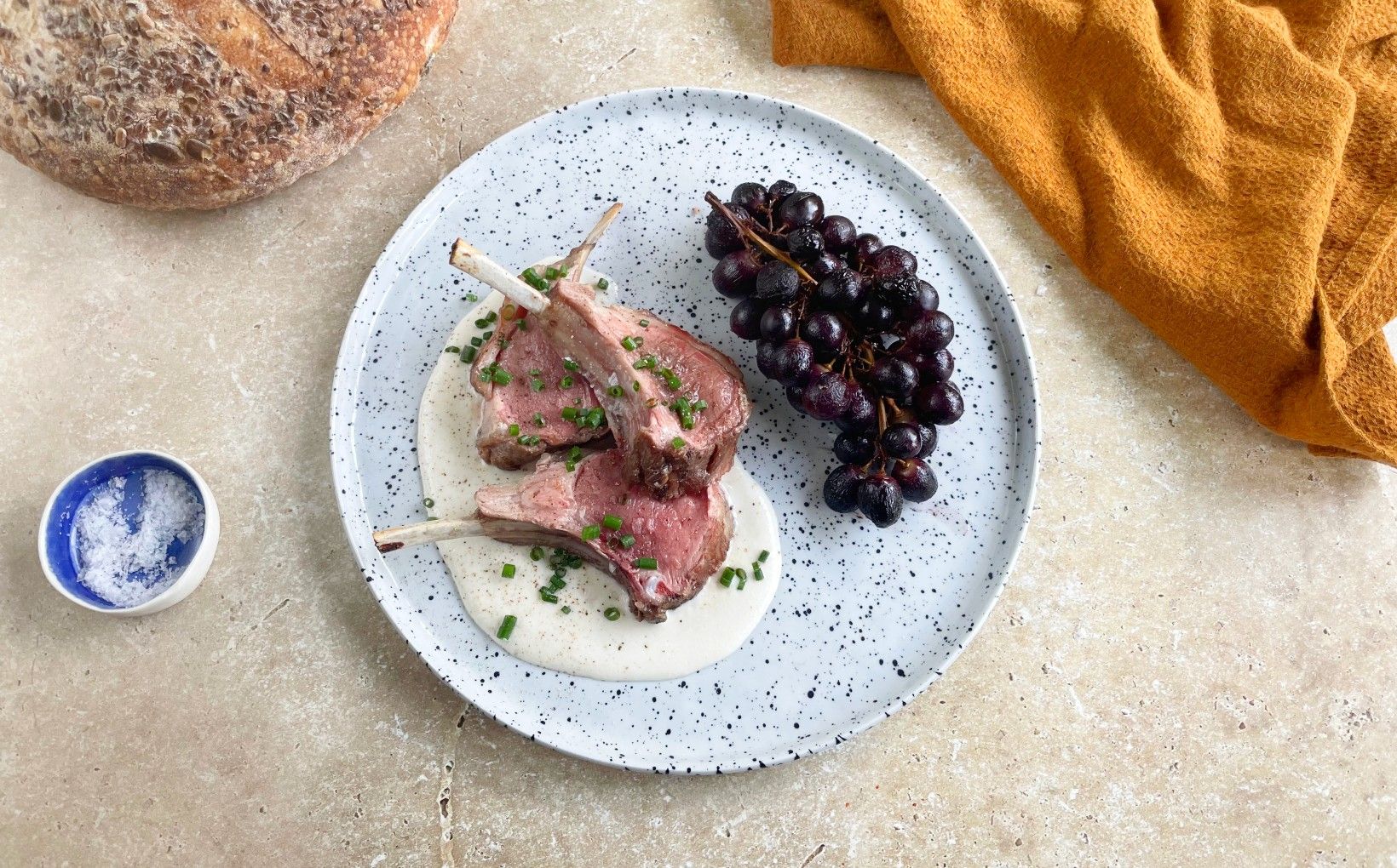 Lamb Rack, Creamy Almond Sauce & Roasted Grapes