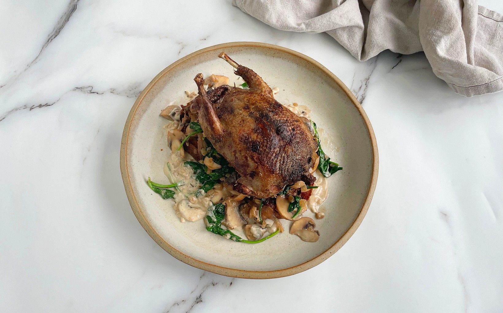 Roast Wood Pigeon on Toast with Spinach and Mushrooms