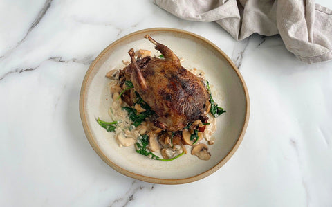 Roast Wood Pigeon on Toast with Spinach and Mushrooms
