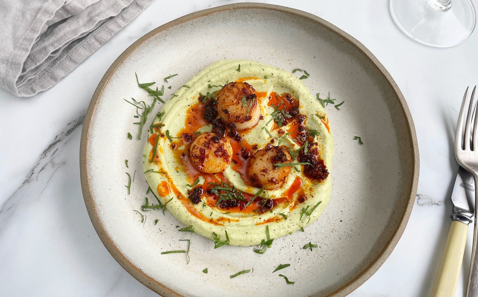 Pan Fried Scallops, Romanesco Cauliflower Puree and ‘Nduja