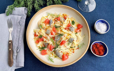 Spicy Obsiblue Prawn, Fennel and Grapefruit Crudo