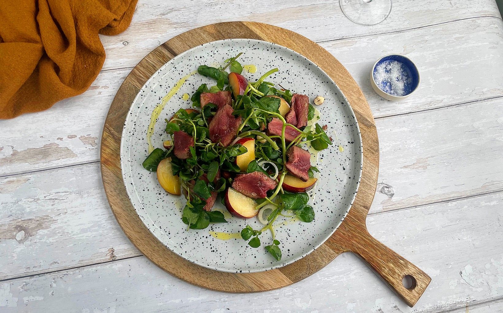 Venison, Pickled Peach & Watercress Salad
