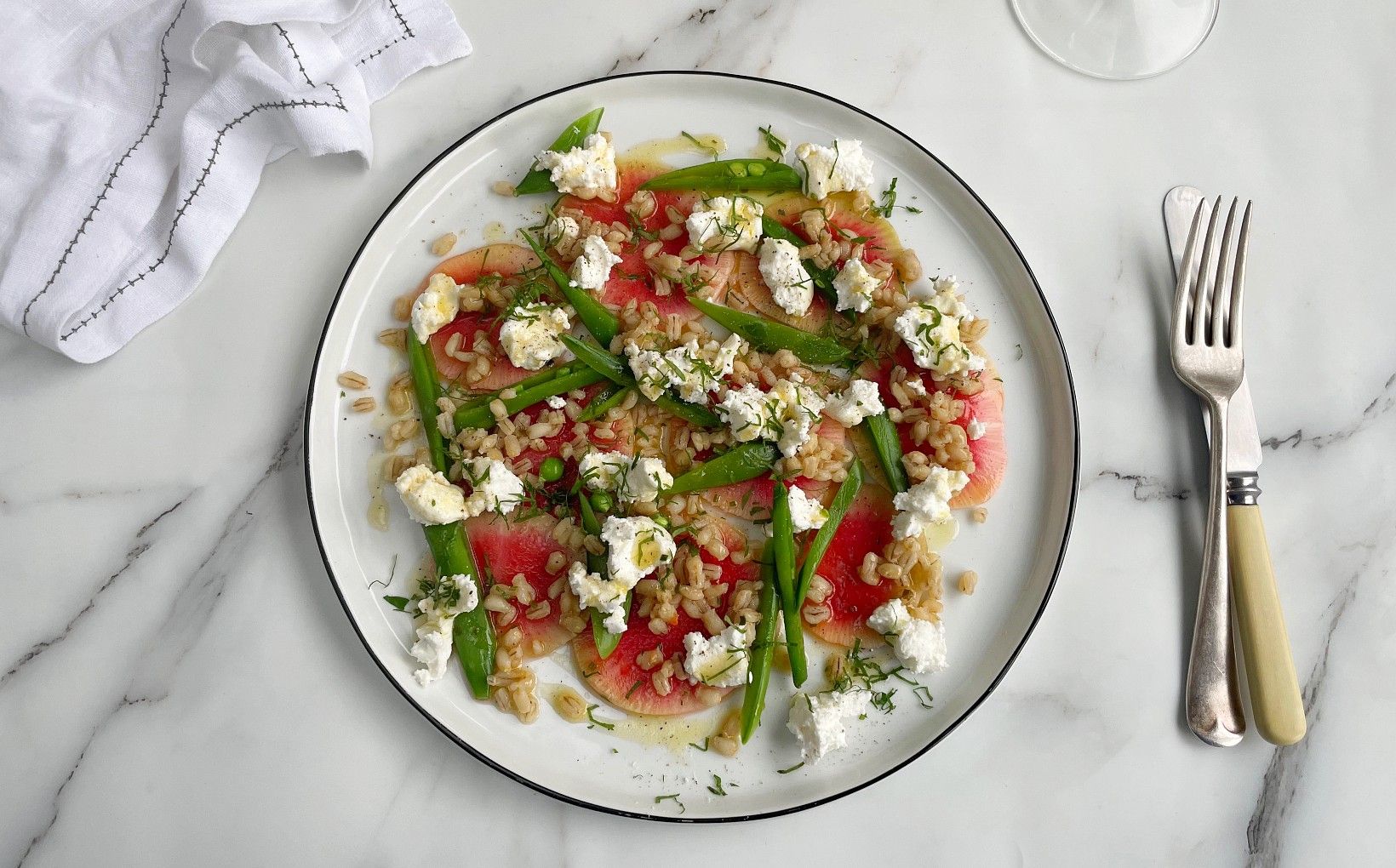 Watermelon Radish, Pearl Barley, Sugar Snap & Goat’s Curd Salad
