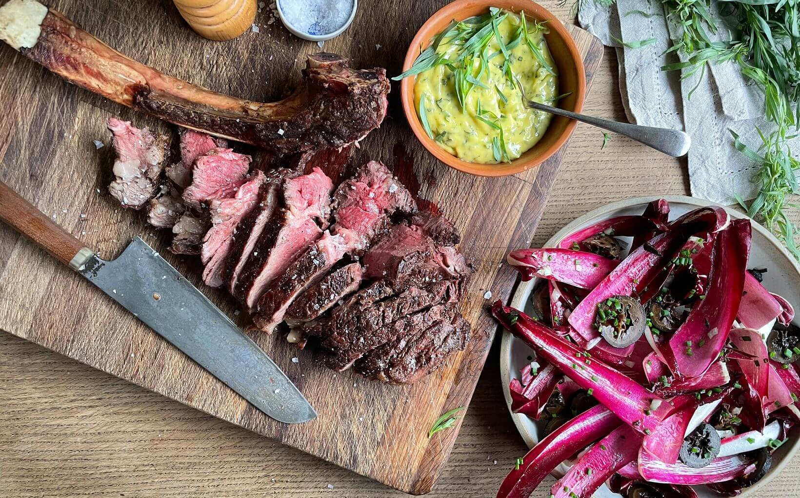 BBQ Wagyu Tomahawk with Bearnaise, Tardivo & Pickled Walnut Salad