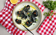 Crab and Mascarpone Charcoal Tortelloni with Garlic, Chilli and Parsley