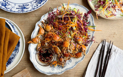 Baby Rice Crabs with Amaranth Salad and Kombu Dipping Sauce