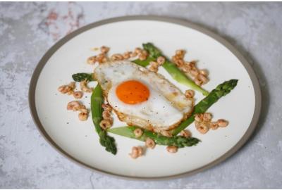 Fried Wild Gull’s Egg with Asparagus and Brown Shrimp
