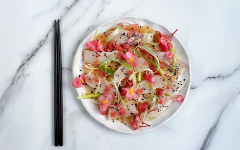 Hiramasa Loin Sashimi with Grapefruit Dressing and Apple Blossom