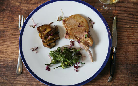 Iberico Pork Chops with Porcini Mushroom and Padron Peppers