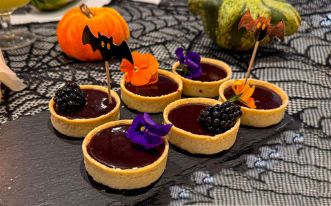 Blackberry Miso Caramel Tartlets with Edible Violas