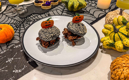 Pulled pork cheek slider buns for Halloween canapés
