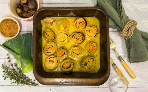 Tender roasted miso leeks in a buttery sauce