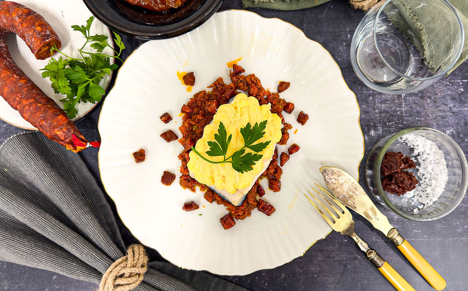 Steamed Black Cod & Langoustine Mousse, with Sundried Tomato & Chorizo