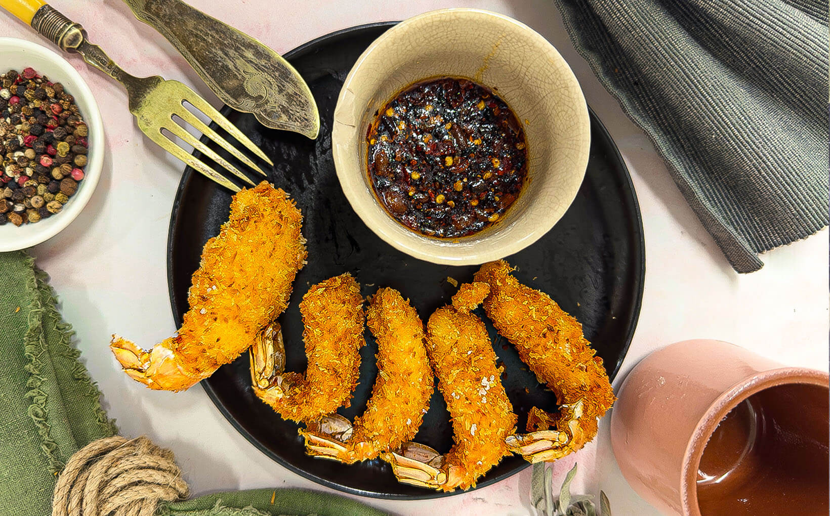 Crispy Coconut Langoustine Tails with Soy & Hot Honey Dip