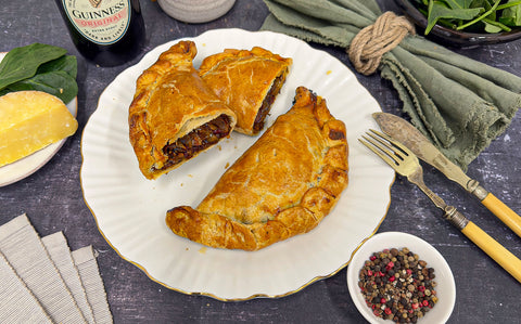 Golden shiny pasty filled with a rich bacon and liver stew