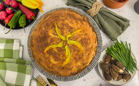 Bright golden morel, Gruyère & courgette flower quiche