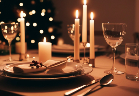 Dining table set for Christmas day with candles and wine glasses