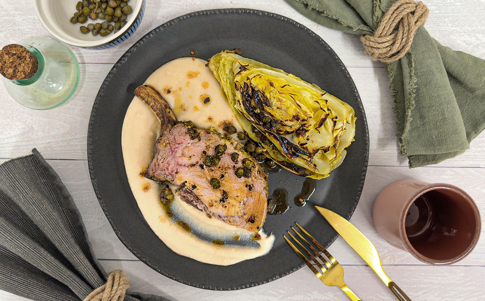 Herb-Crusted Iberico Pork Rack with Sweetheart Cabbage & White Bean Purée