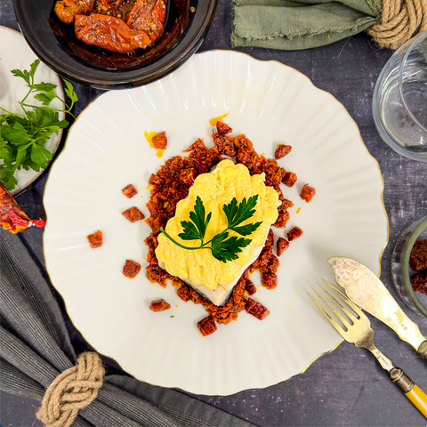 Cod Fish Mousse Steamed Black Cod & Langoustine Mousse, with Sundried Tomato & Chorizo ...