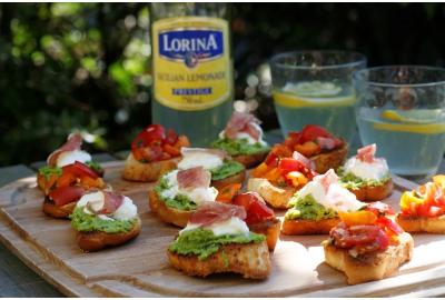 Tomato Bruschetta and Pea & Burrata Crostini