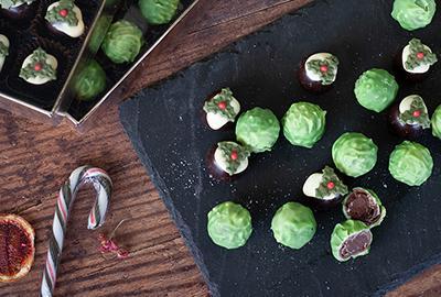christmas chocolates in the shape of pudding and brussel sprouts