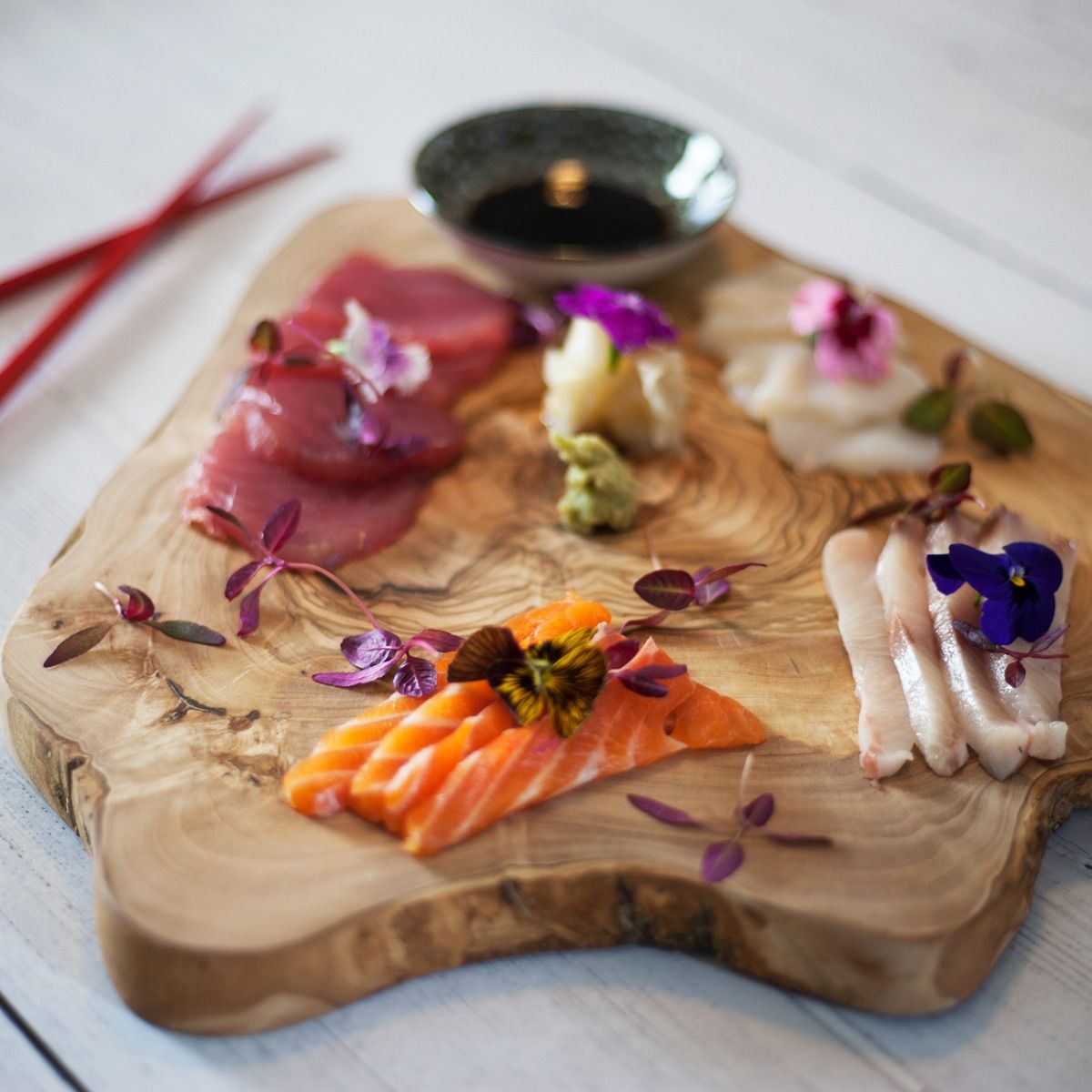 Sushi Board with Viola Flowers and Red Amaranth
