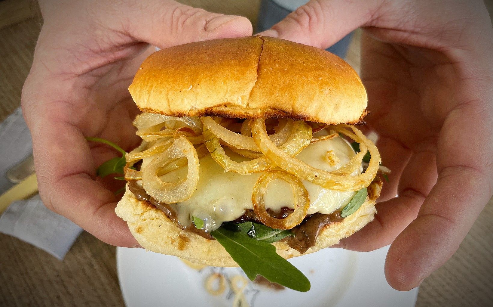 Iberico Pork Burgers with Manchego and Crispy Onions