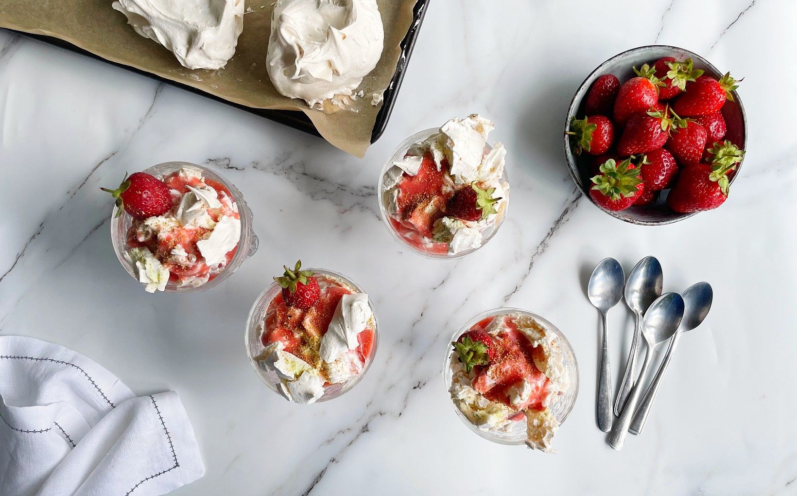 Strawberry Eton mess with fennel pollen meringue 