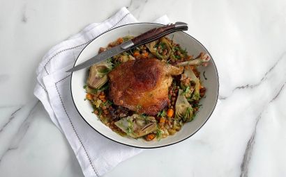 Duck Confit with Lentils and Baby Artichokes 