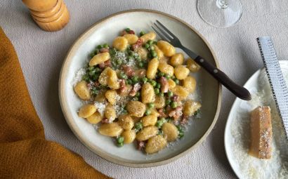 Gnocchi with Pancetta, Peas and Parmesan 