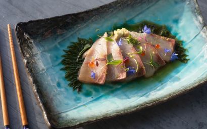 Hiramasa Sashimi with Shiso and Salmon Caviar