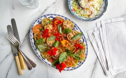 Merinda Tomato Salad with Nasturtium Flowers and Strawberry Vinegar Dressing 