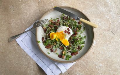 Mizuna Salad with Hazelnuts and a Hot Bacon and Mustard Dressing 