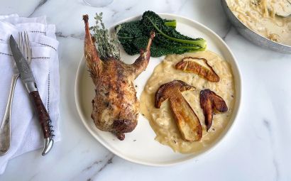 Partridge with Porcini, Cavolo Nero and Cider Gravy 