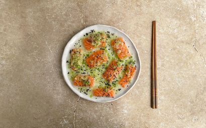 Salmon Sashimi with Hot Ginger and Spring Onion Oil