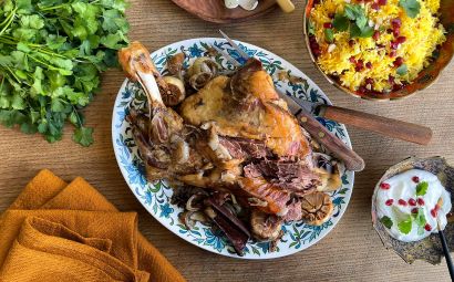 Slow Cooked Lamb Shoulder in Pomegranate Molasses with Saffron Rice 