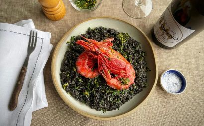 Squid Ink Risotto with Carabineros Prawns