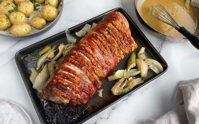 Suckling Pig Rack with Roasted Vegetable Gravy 