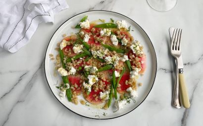 Watermelon Radish, Pearl Barley, Sugar Snap and Goats’ Curd Salad 